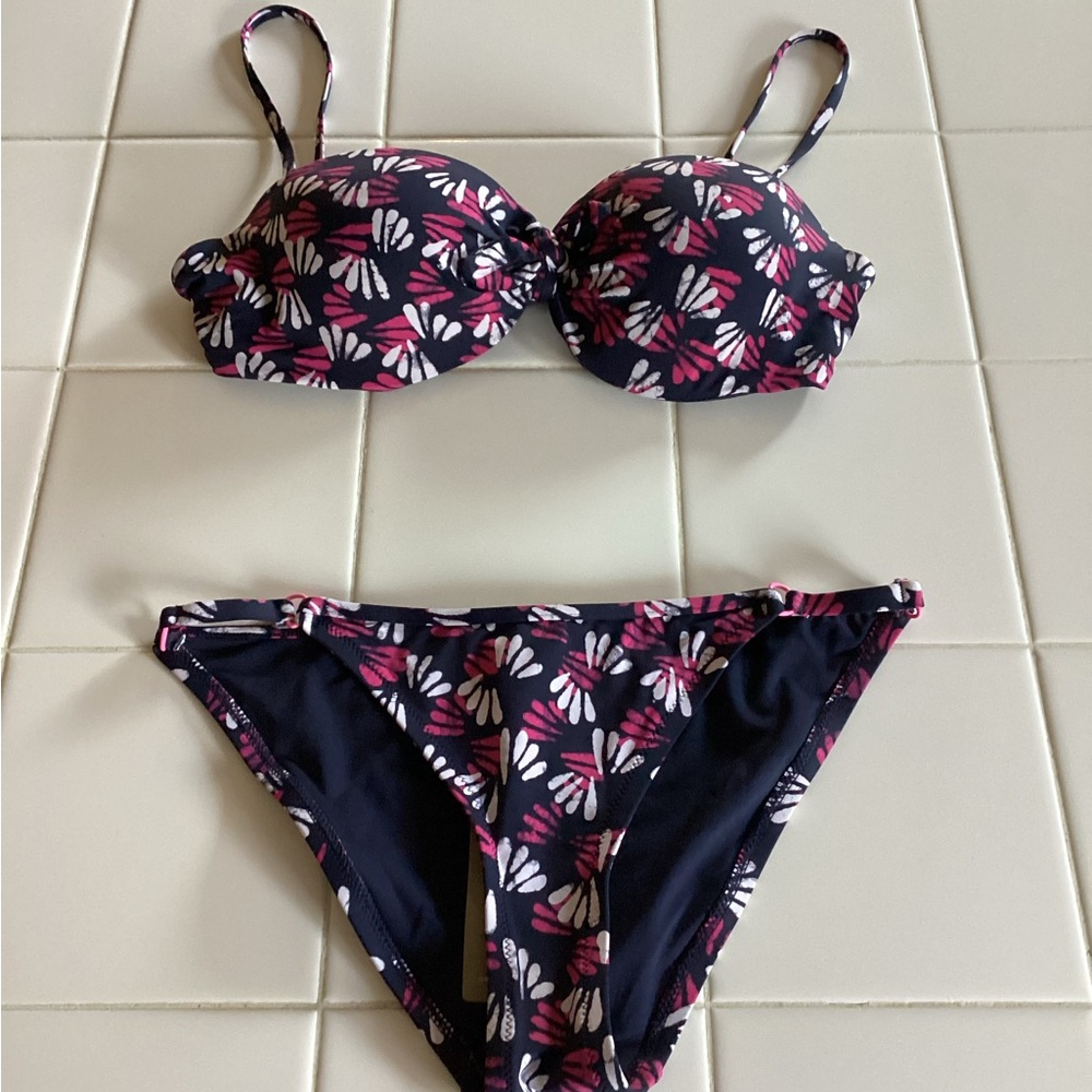 J. Crew Navy with Pink & White Fan Print Bikini